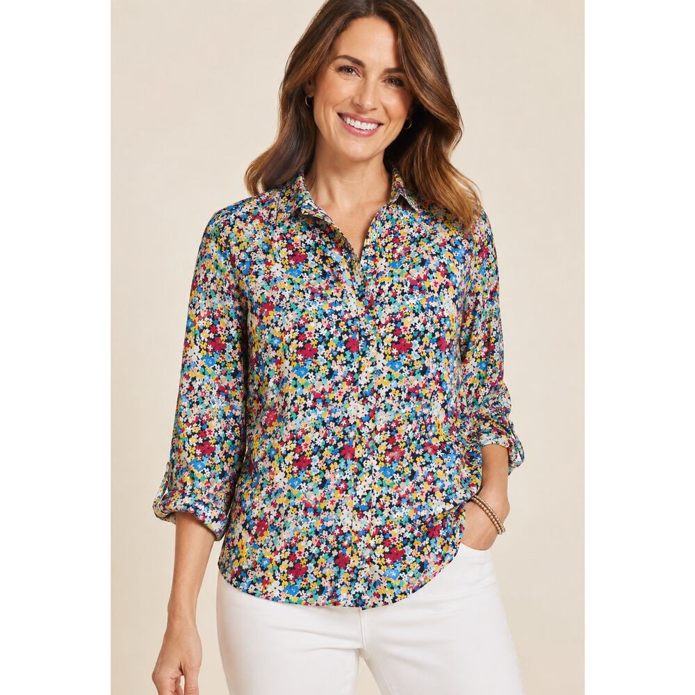 Talbots Floral Button Down Womens Long Sleeve Ruffle Collared Blouse,M
